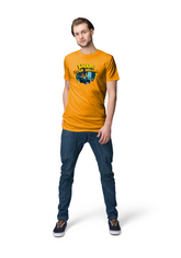 Front view of a man wearing a Mens Dream Tshirt with Dark Orangewith casual denim, showcasing modern fashion for relaxed outings.